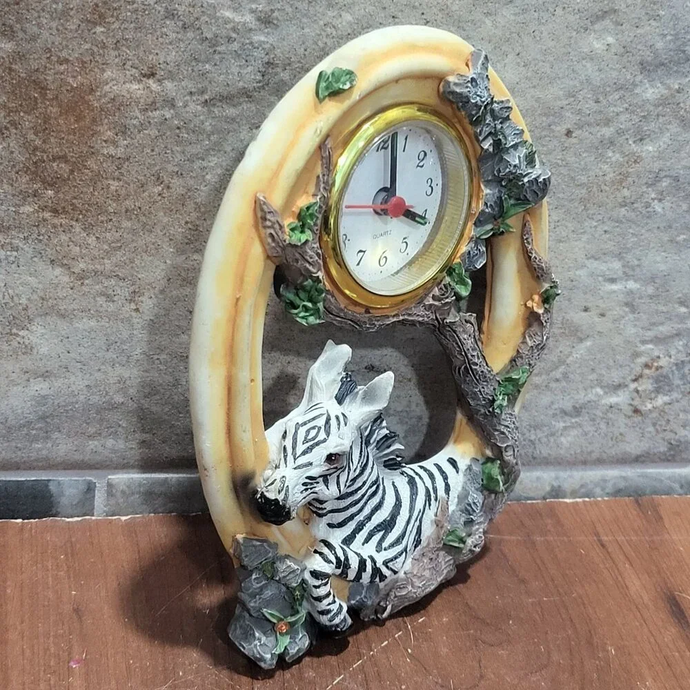 Decorative Zebra Clock Oval Shape Zebra Figure Branches Leaves